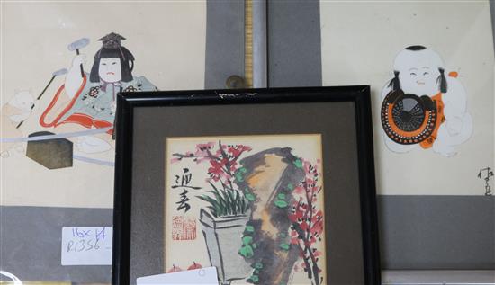 Two Japanese watercolours of figures, unframed and a miniature by Choy Teck Soon Largest 16 x 14cm unframed